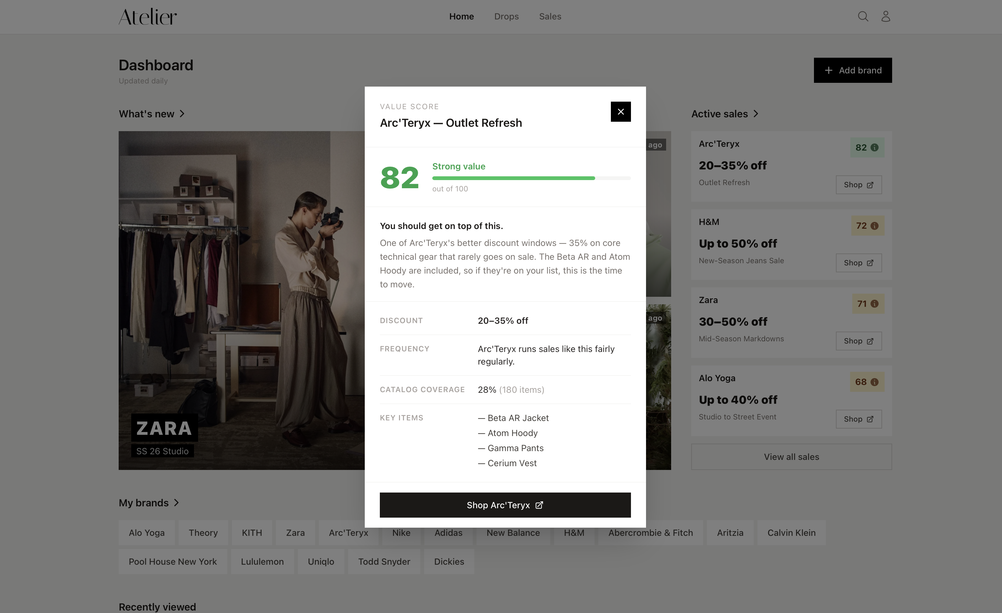 Sale intelligence showing value scores for active sales